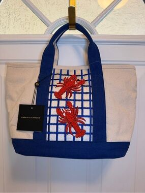 America & Beyond Blue & Cream Canvas Boat Tote with Beaded Red Lobsters